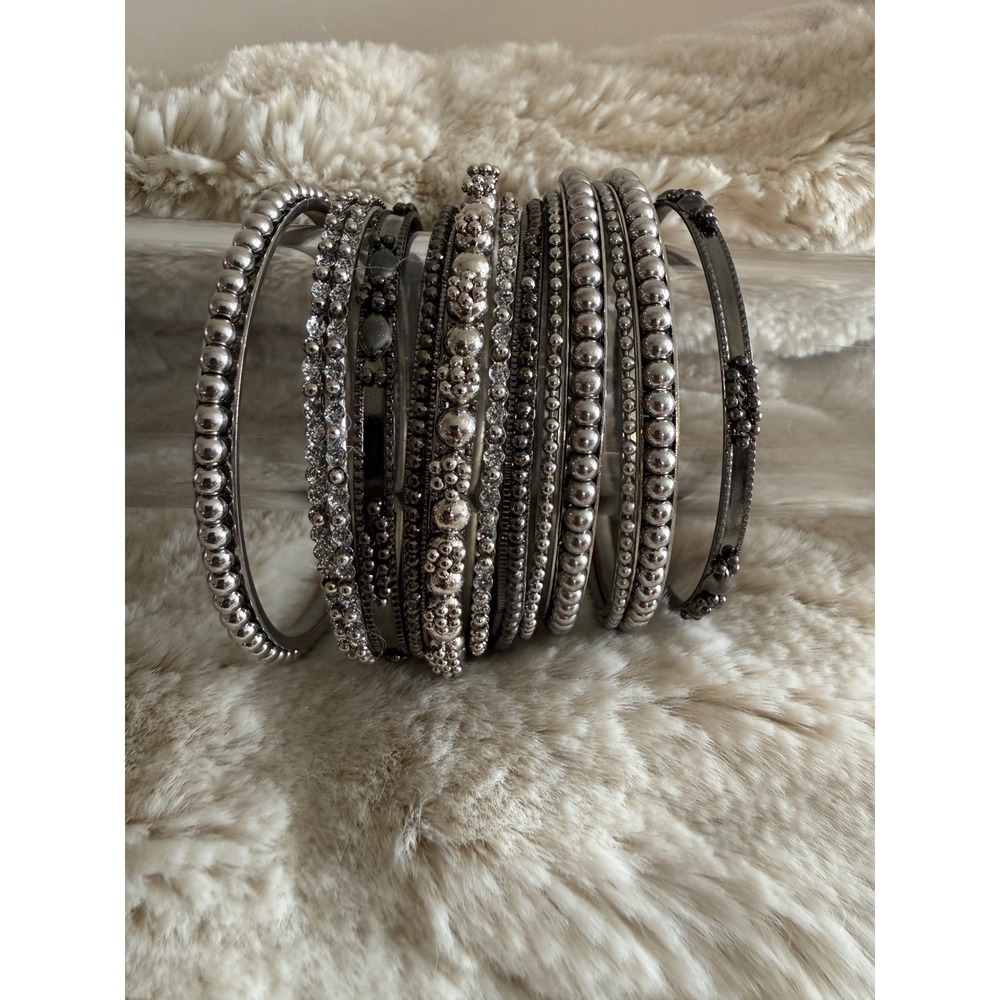 12pc Stackable Bangle Bracelet Set Gunmetal Silver Tone Rhinestone Beaded Boho View 2